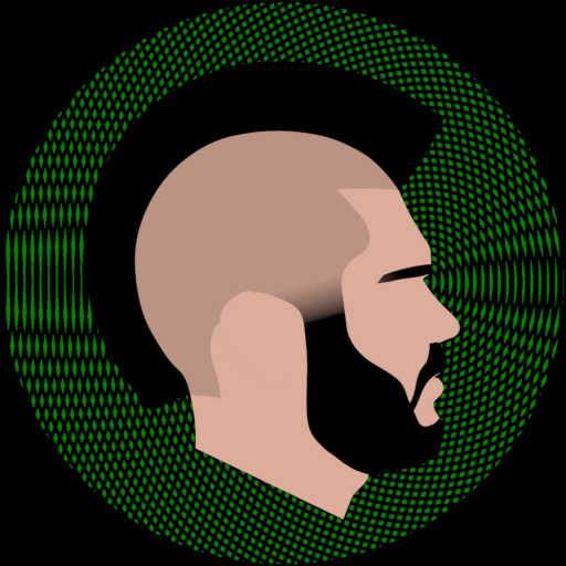 Logo for MohawkGuyGames. A side profile of a man with a mohawk hairstyle and a beard. Background is a geometric pattern of green and black.